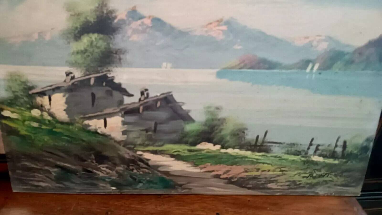 Painting landscape mountain lake Alps signed Pini 1950s