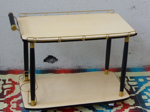 Rolling table vintage and design 1950, wood and gold metal