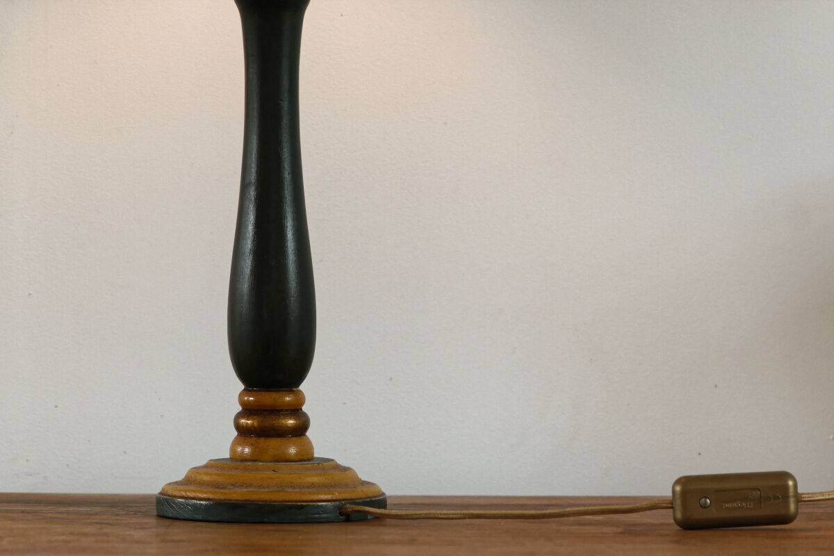 Turned wooden lamp, green and gold