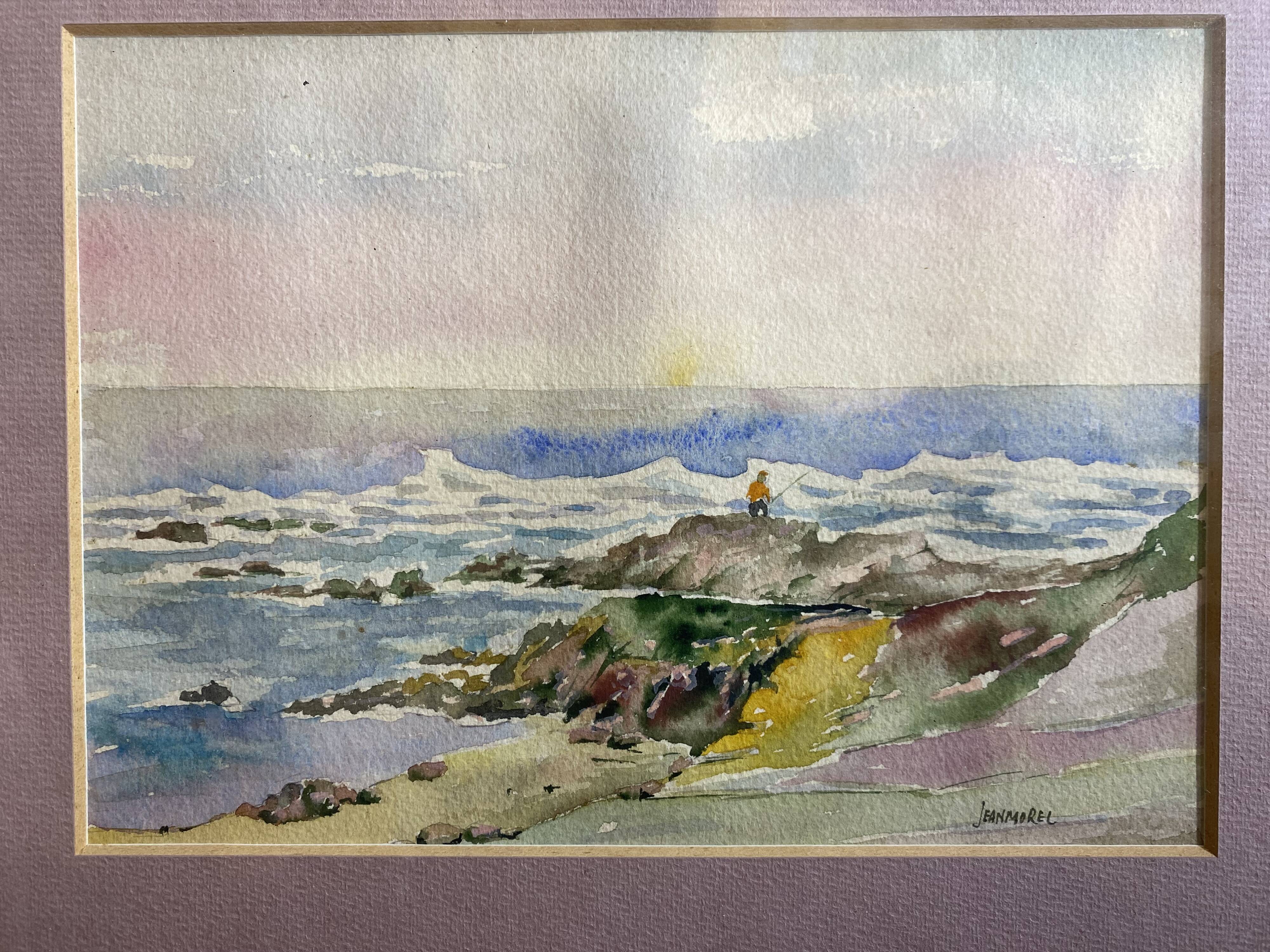 Aquarelle Sur Papier JEAN MOREL Vue Bord De Mer + Cadre Bois Blanc Vintage