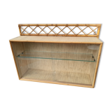 Vintage rattan wall showcase shelf, 2 sliding windows.