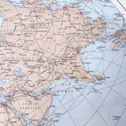 World map, planisphere, vintage air and sea routes from 1950.