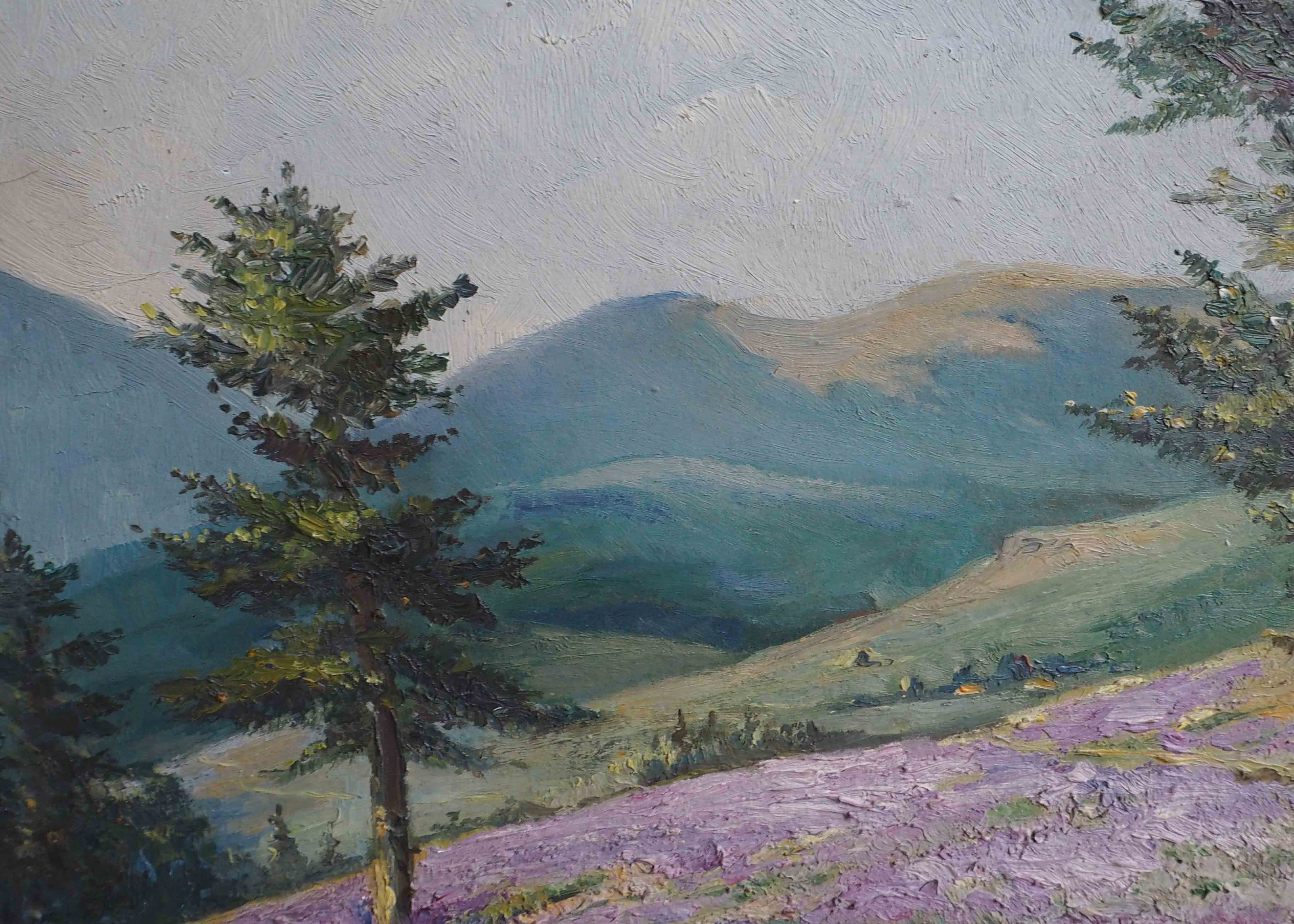 Painting heather landscape with mountain and village signed cf. anglade