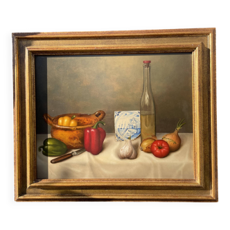 Still life with peppers, oil on panel, signed Peeters