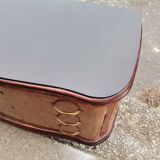 Mid-century Italian brown wooden chest of drawers, black glass top and brass handles.