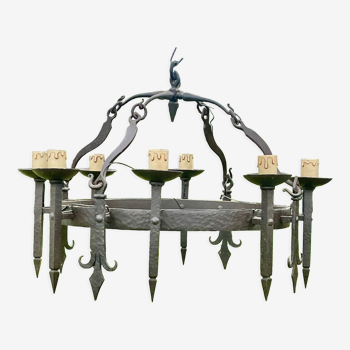 Wrought iron chandelier 8 lights of medieval style High period-Renaissance-Louis XIII