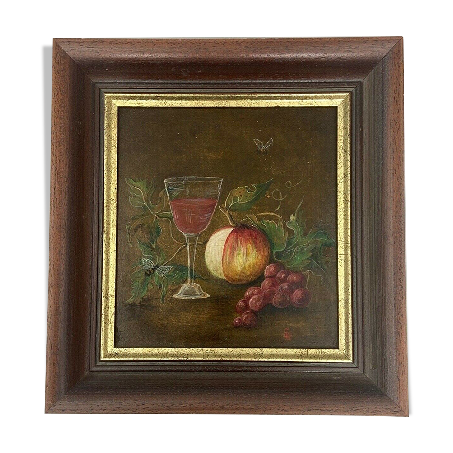 Oil panel monogram eg to identify still life fruits glass wine