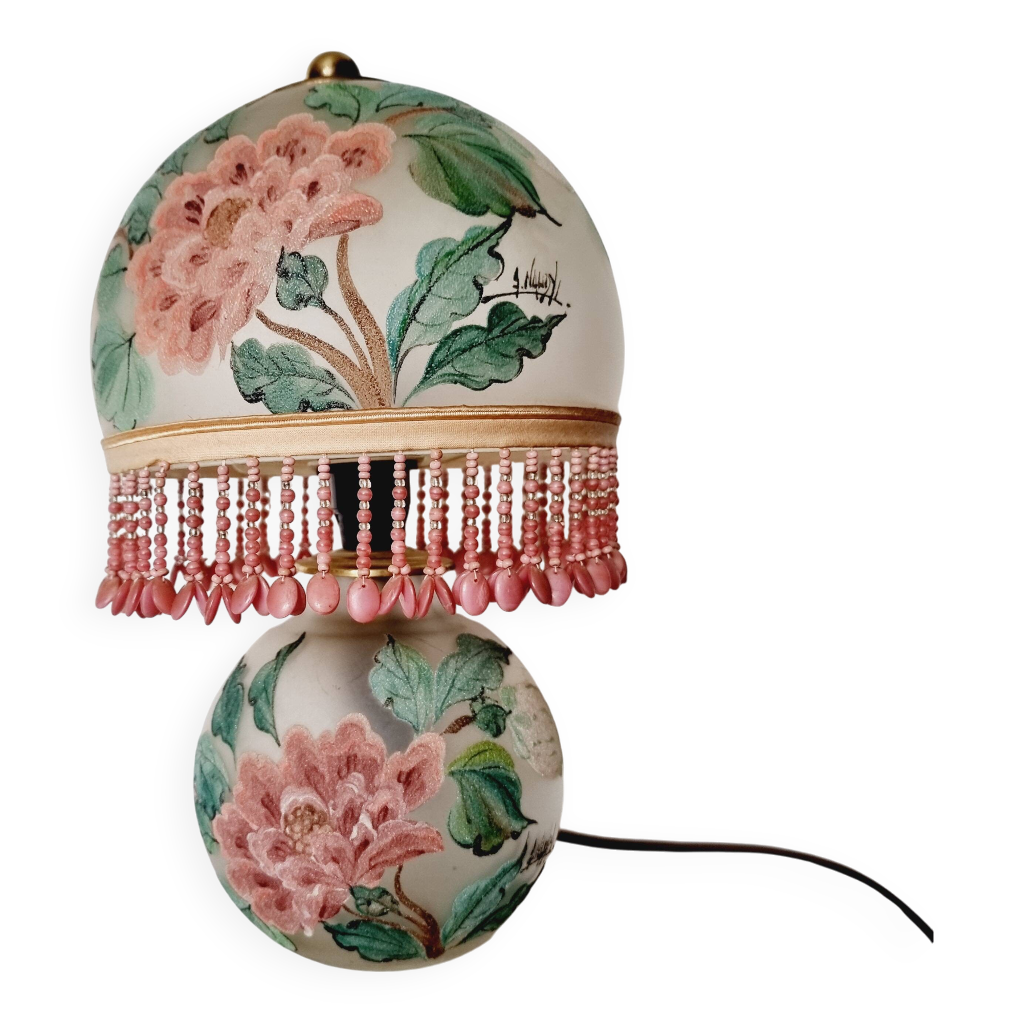 Lampe antique en opaline peinte à la main par Annick Naudy