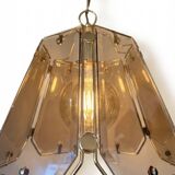 Pair of vintage pendant lights in smoked glass and gold metal, Hollywood style.