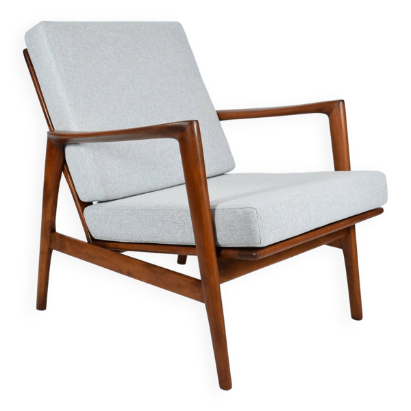 Fauteuil original restauré, tissu gris clair, années 1960, usine de meubles Swarzedzka