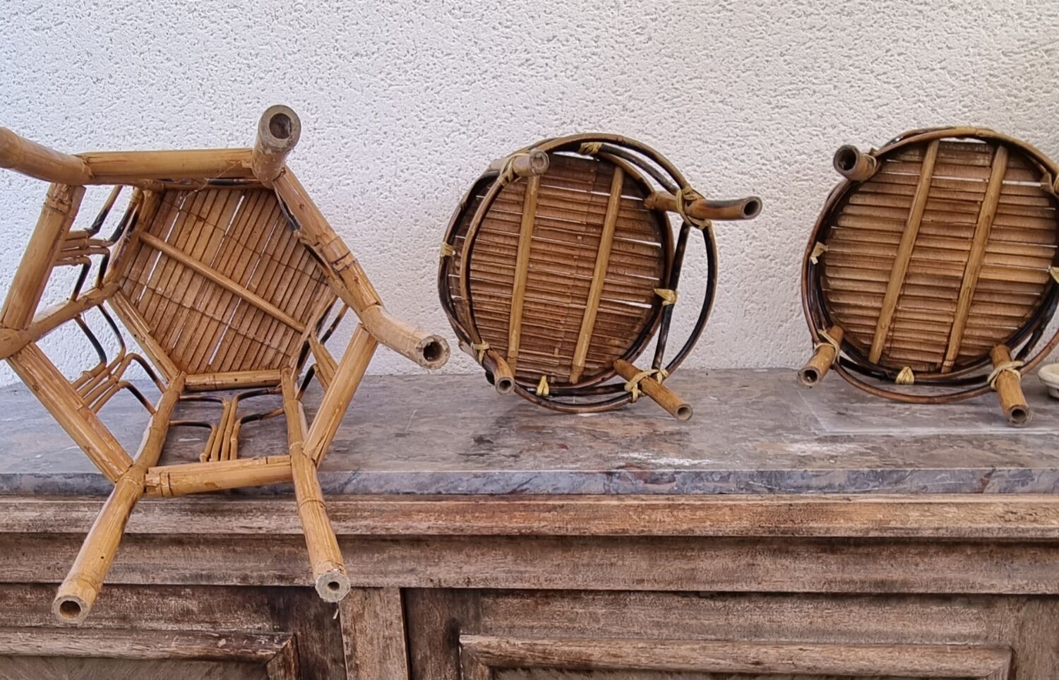 Set of bamboo and rattan pedestal tables