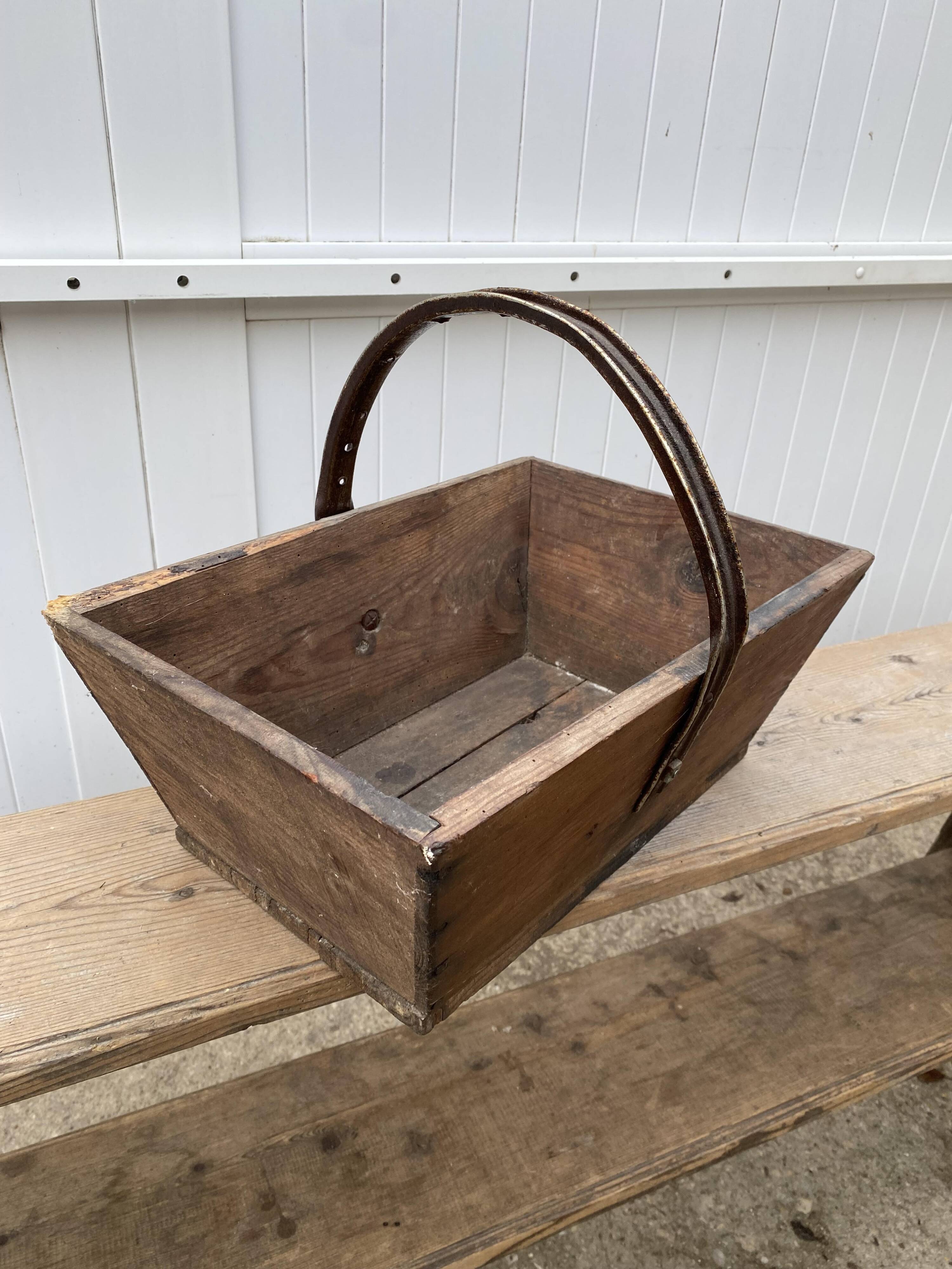 Authentic wooden crate basket with metal handle, old 1950s