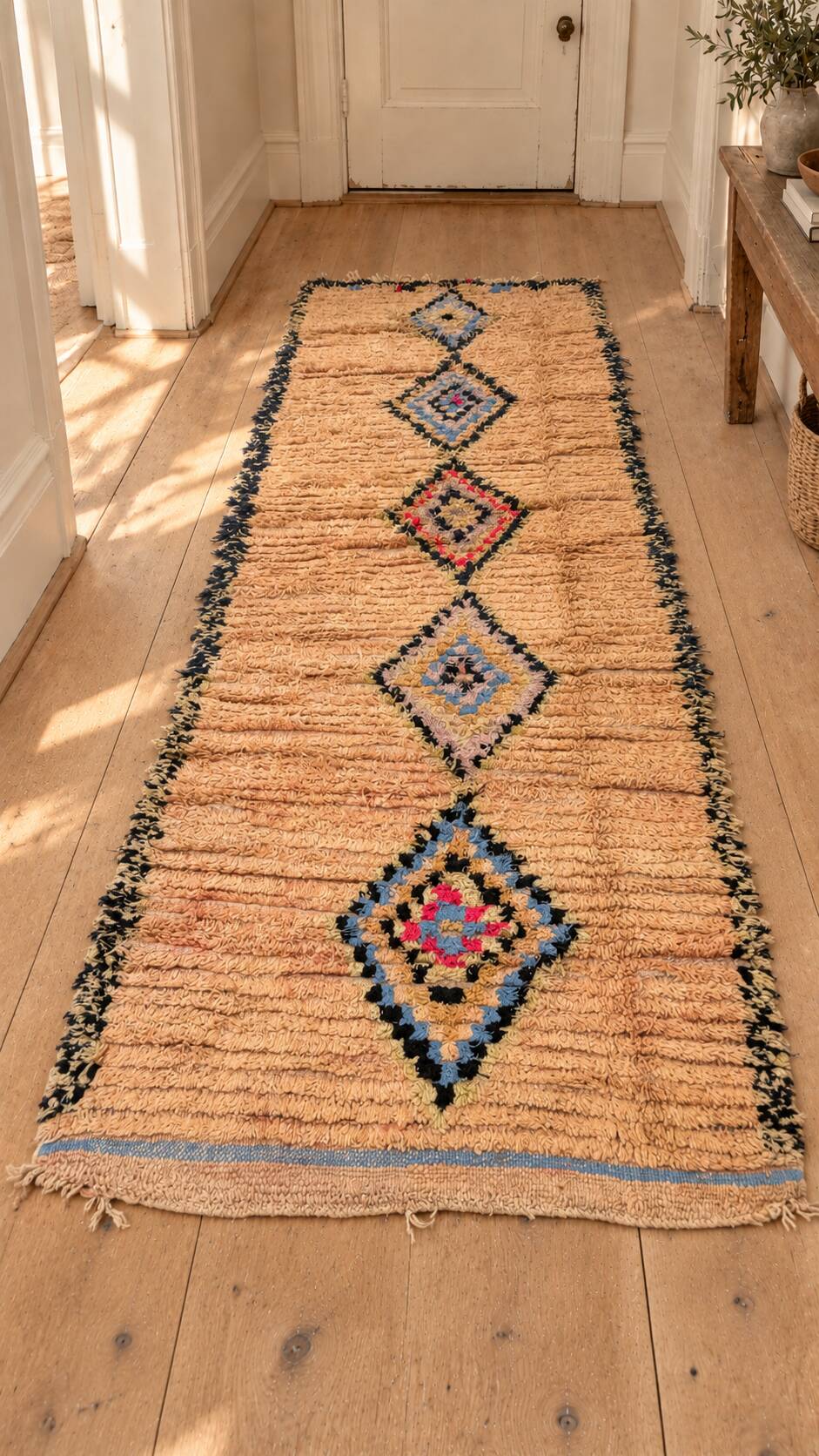 Vintage beige apricot Berber hallway rug with colourful patterns – 280 × 110 cm