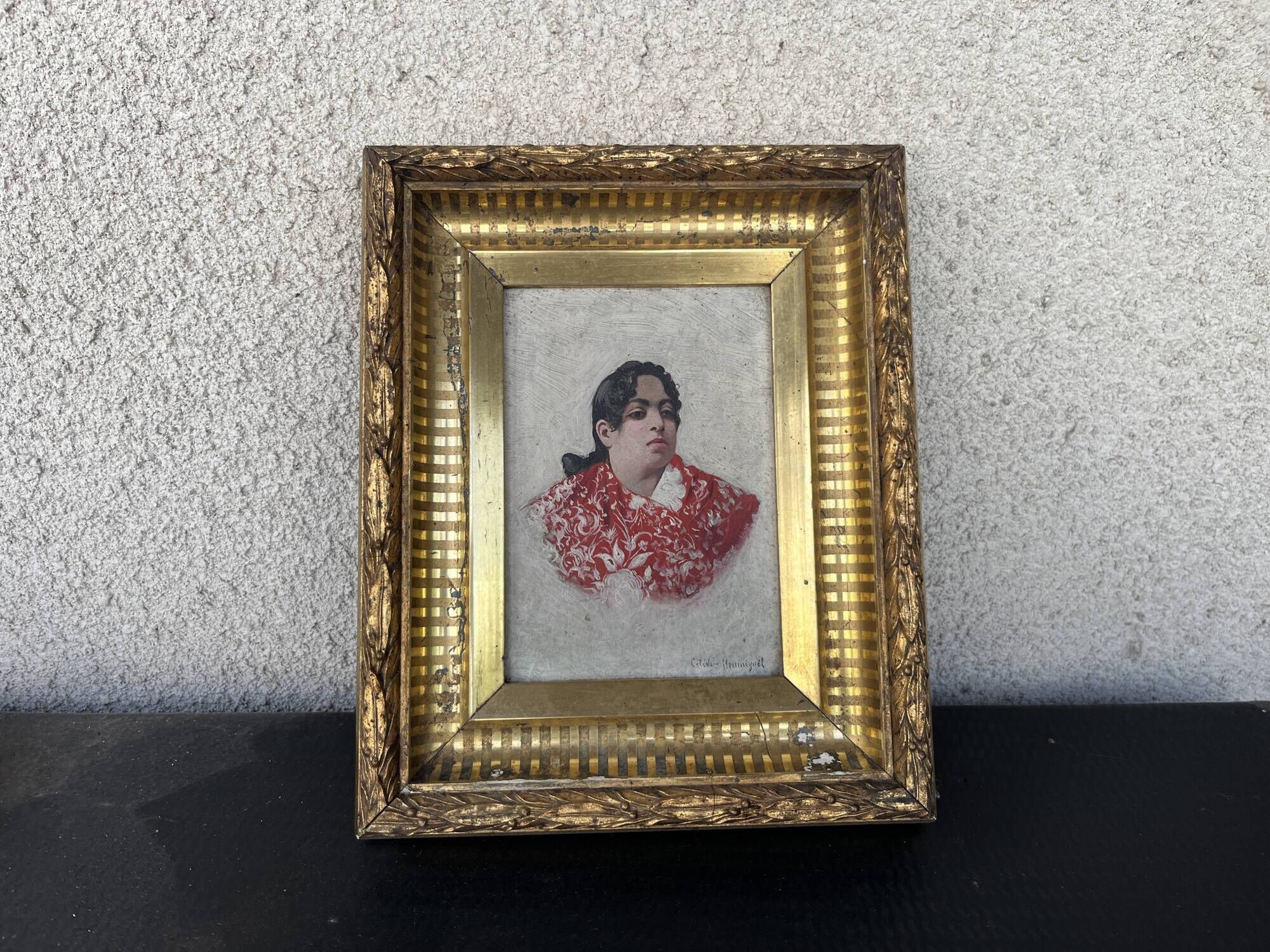 Old Table XIX Portrait of a Woman in Traditional Costume - Signed Célest