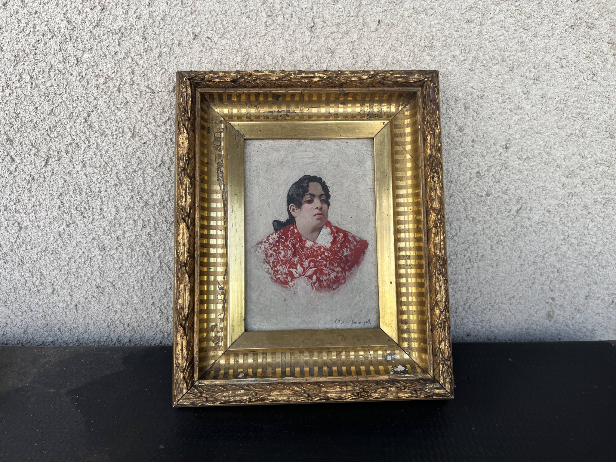 Old Table XIX Portrait of a Woman in Traditional Costume - Signed Célest