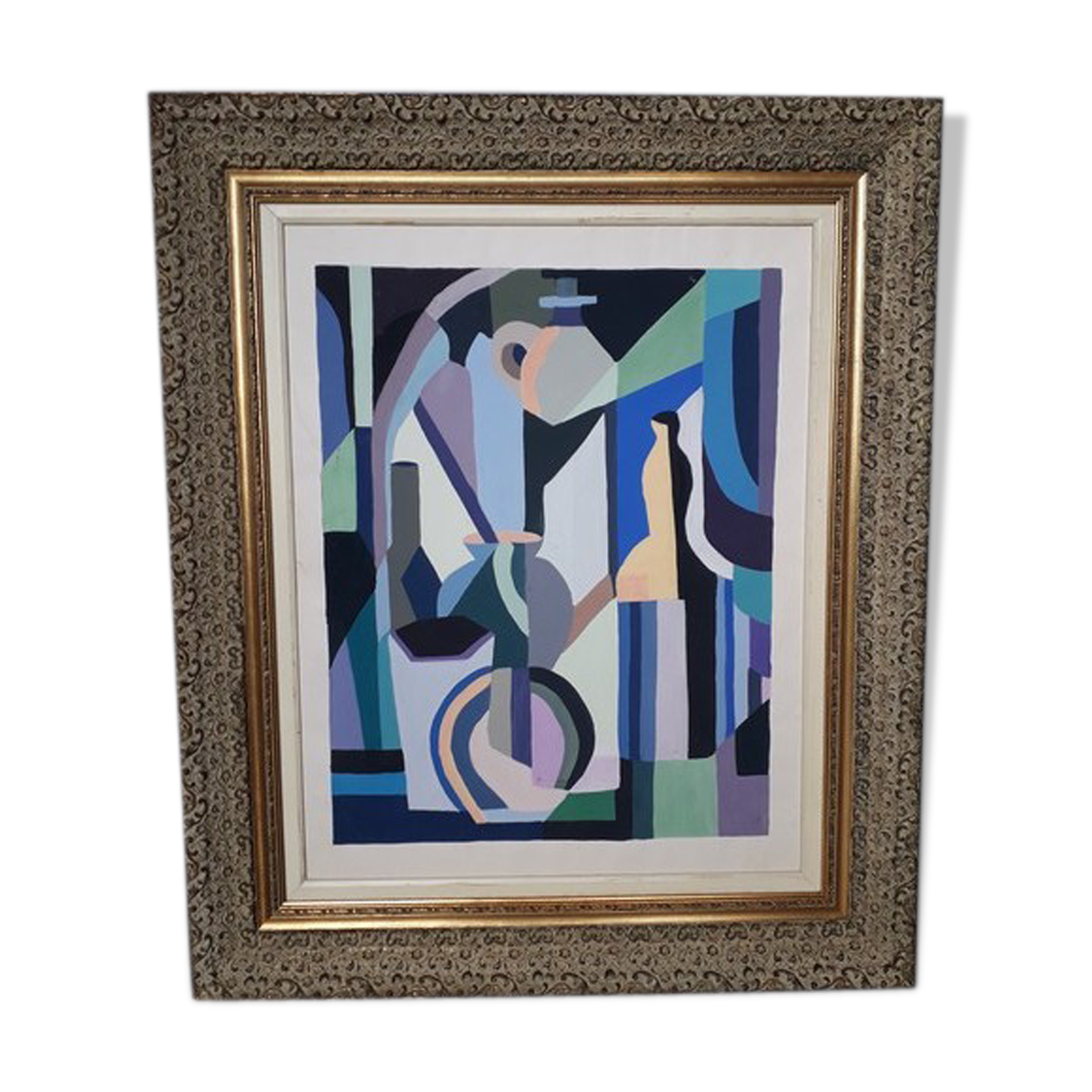 Cubist gouache painting, still life, anonymous 1970