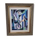 Cubist gouache painting, still life, anonymous 1970
