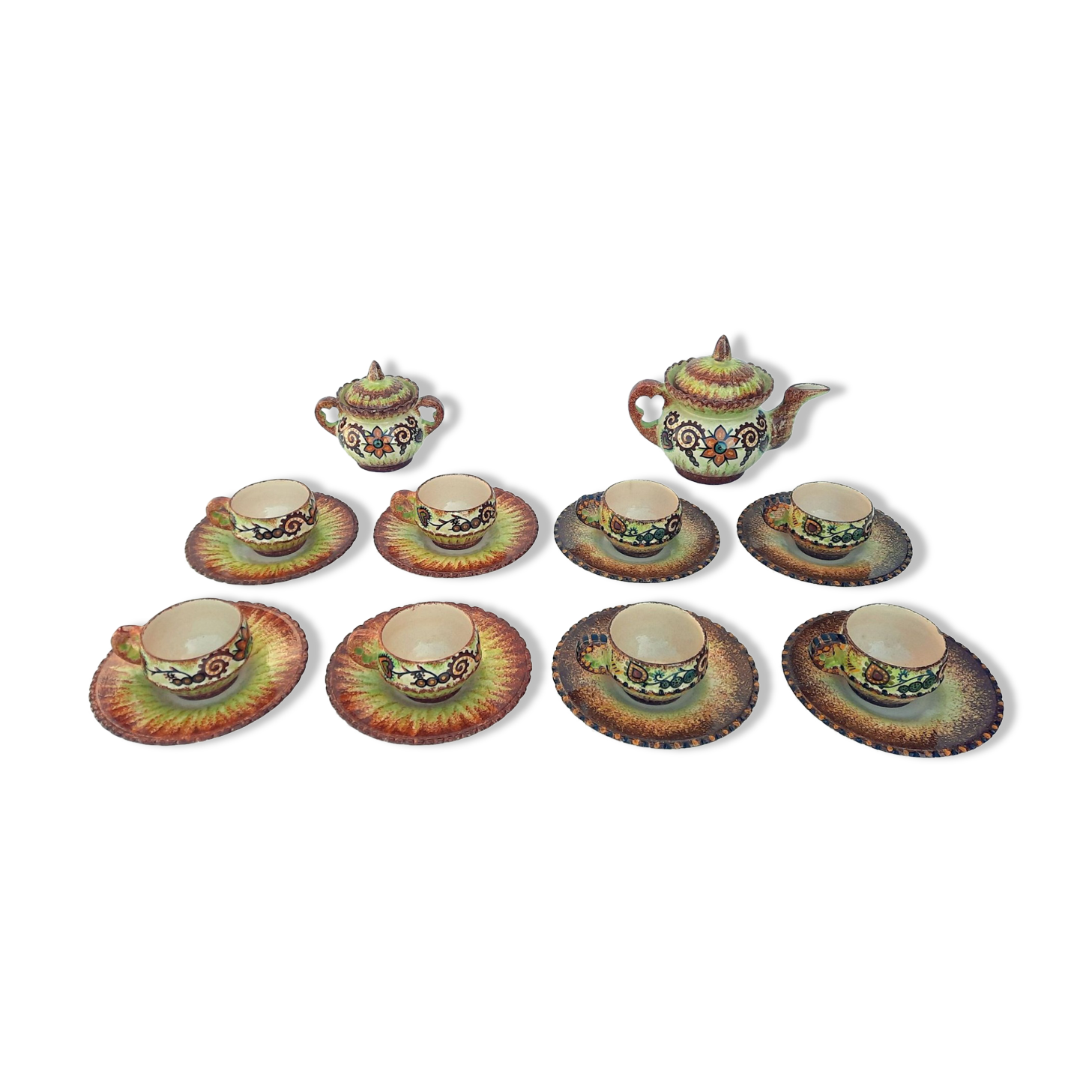 Paul Fouillen Quimper tea set sugar bowl cups and saucers