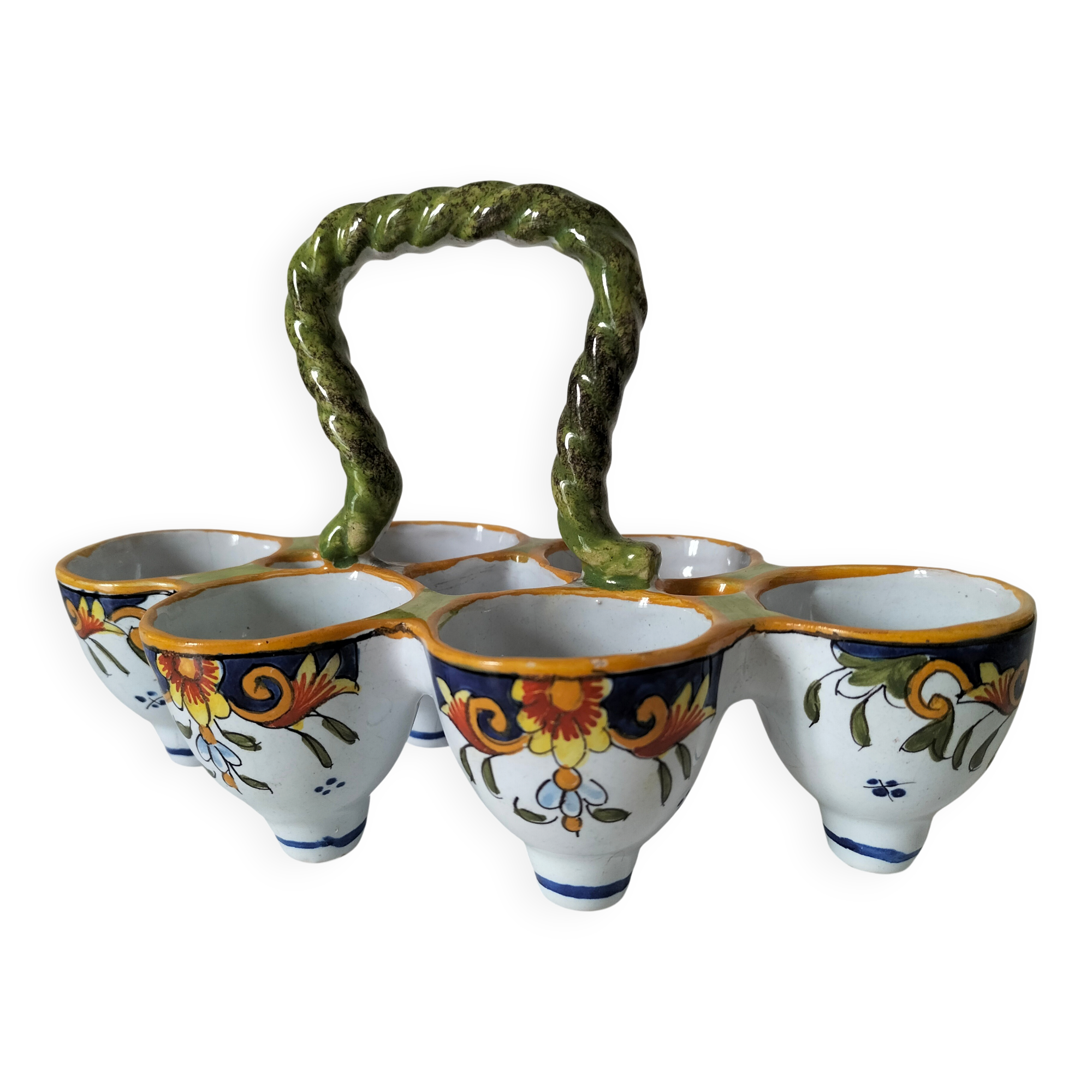Antique egg holder by Jules Verlingue with polychrome floral decoration.