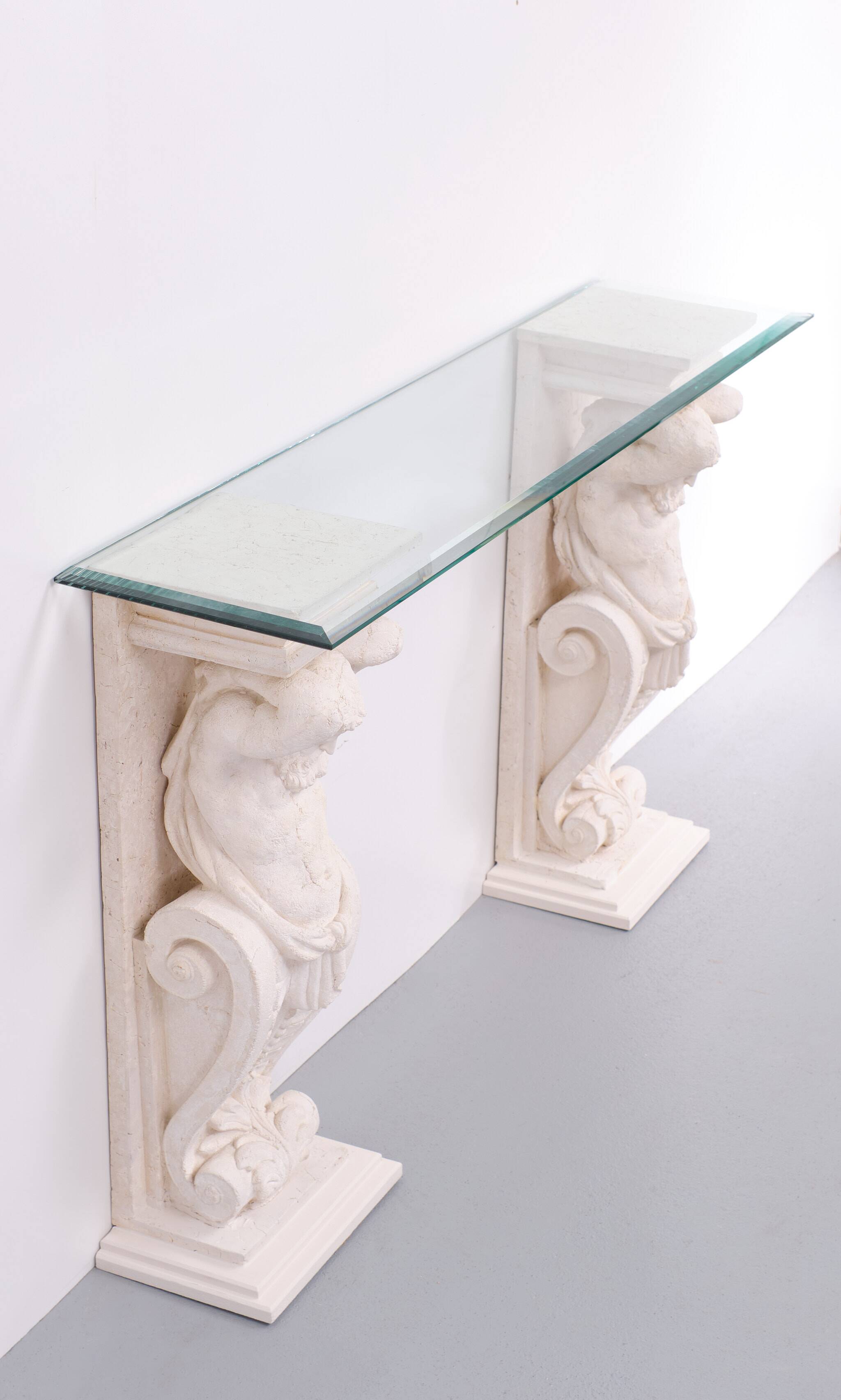 1970s Classic Greek Console Table with Cast Stone and Glass Top