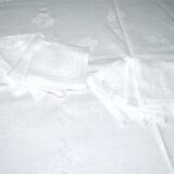 Vintage tablecloth in mixed cotton damask 130x150 floral decor monogram medallion BV + 10 napkins *M