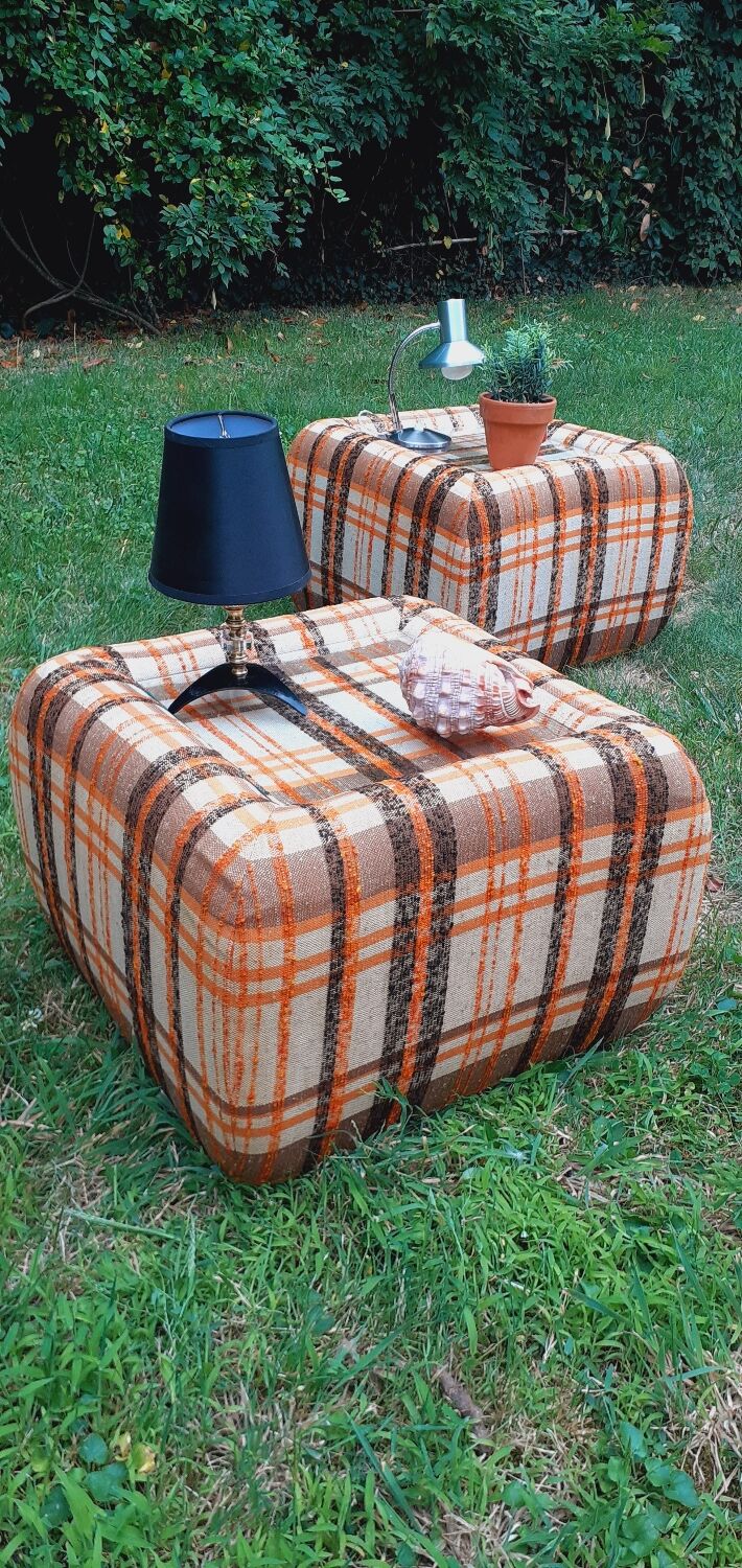Pair of vintage 70s fabric coffee tables with glass tops