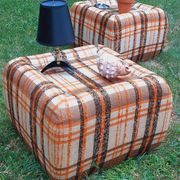 Pair of vintage 70s fabric coffee tables with glass tops
