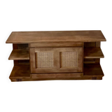 Antique TV cabinet in solid raw oak and canework
