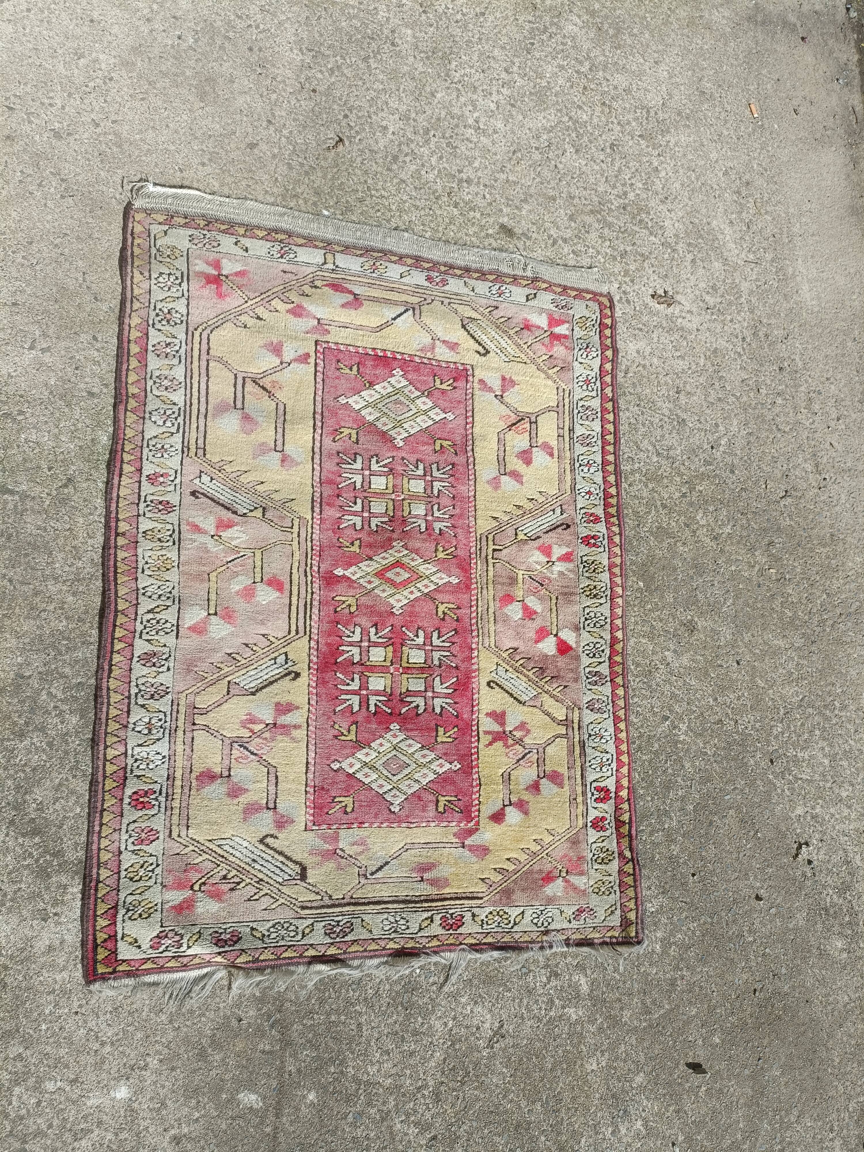 Turkish carpet handmade yellow background pink decoration, 127x91 cm