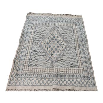 Handmade white blue and gray margoum carpet in natural wool