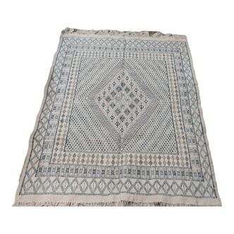 Handmade white blue and gray margoum carpet in natural wool