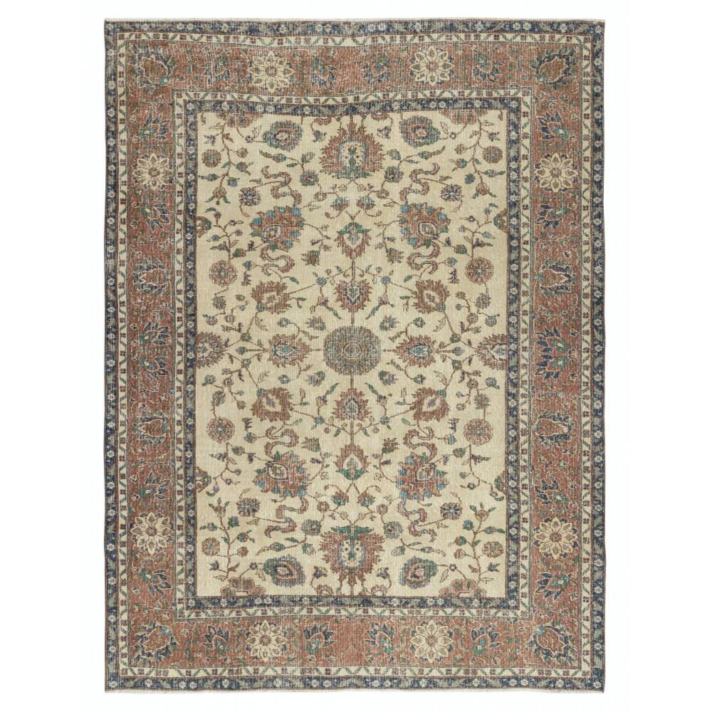 Authentic Vintage Turkish Beige Wool Area Rug with Floral Design. Hand-knotted in Turkey