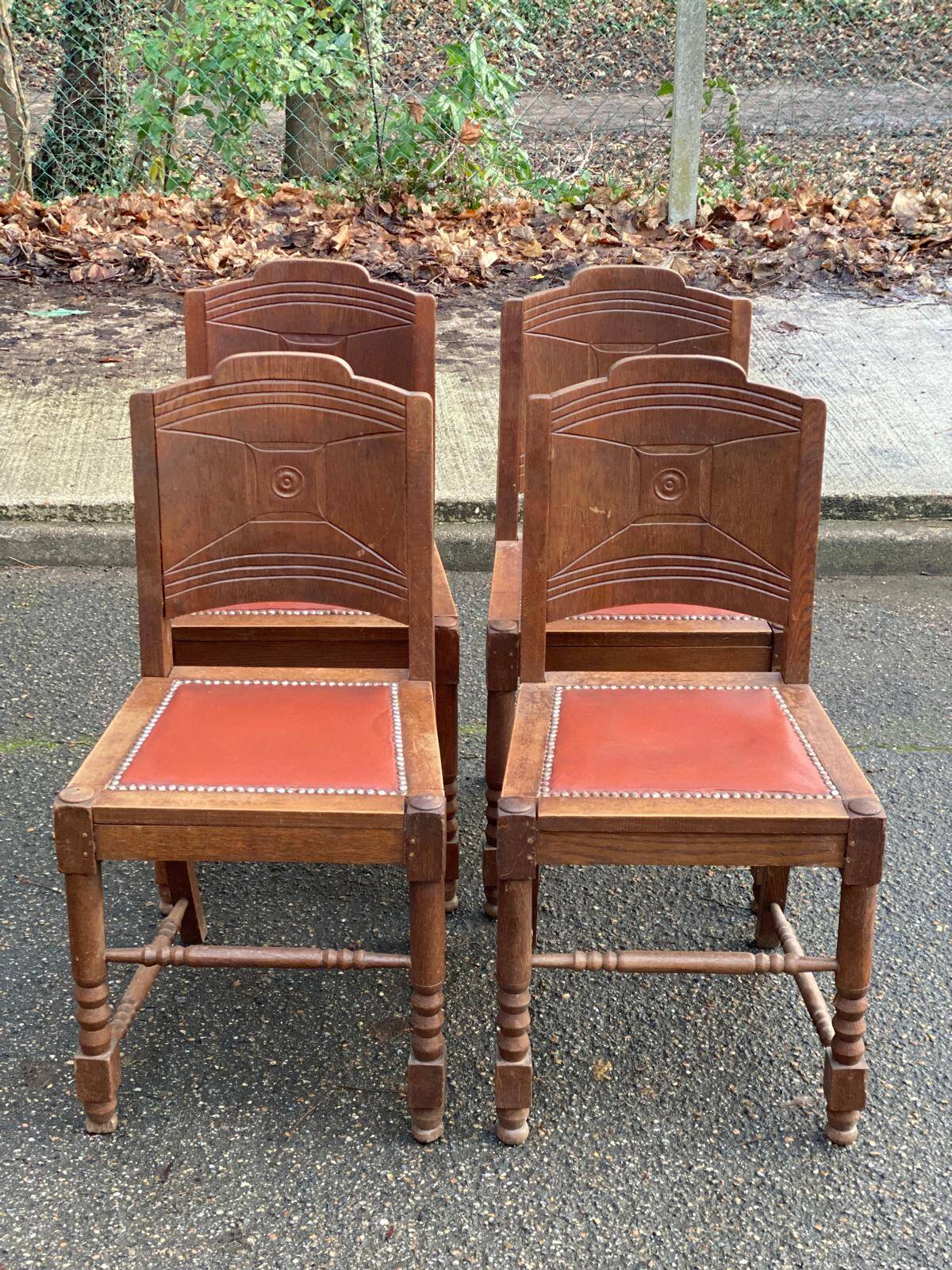 4 Art Deco gondola chairs in solid oak with burgundy faux leather, 1930s.