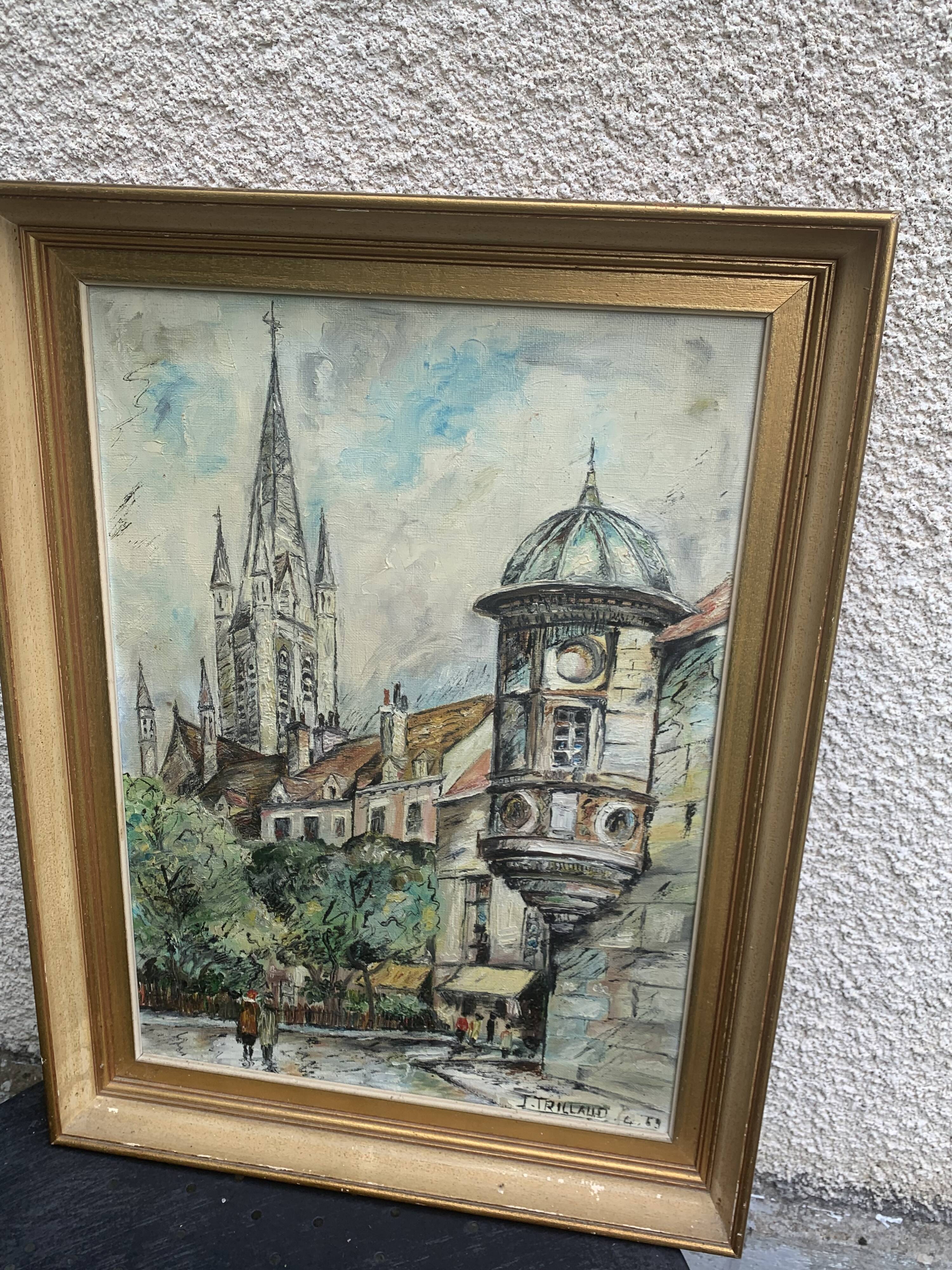 Painting signed J.Trillaut city scene framed vintage canvas 1969