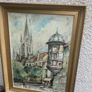 Painting signed J.Trillaut city scene framed vintage canvas 1969