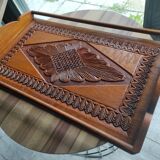 Antique carved wooden tray with openwork handles and edges