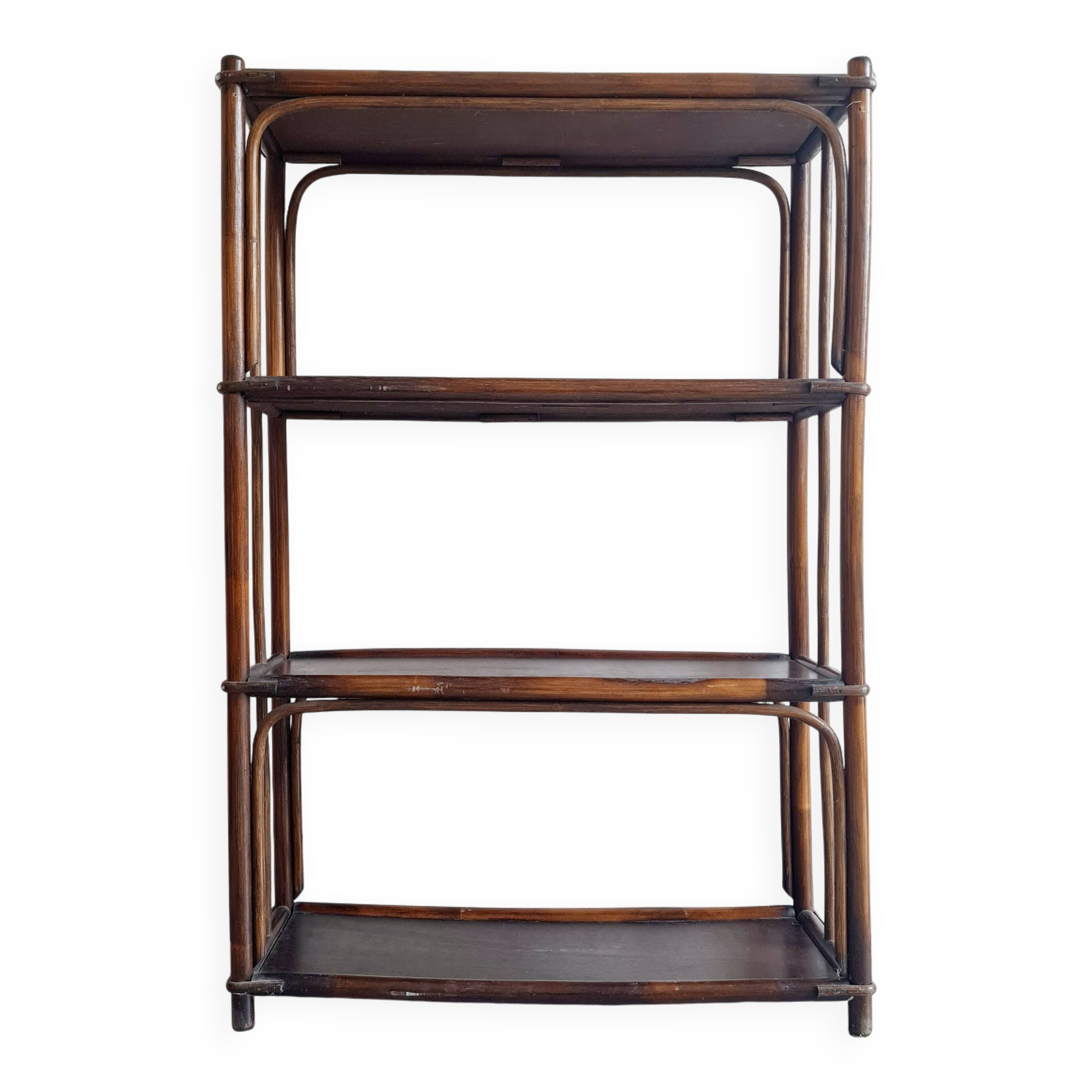 Etagère, bibliothèque en bois et rotin