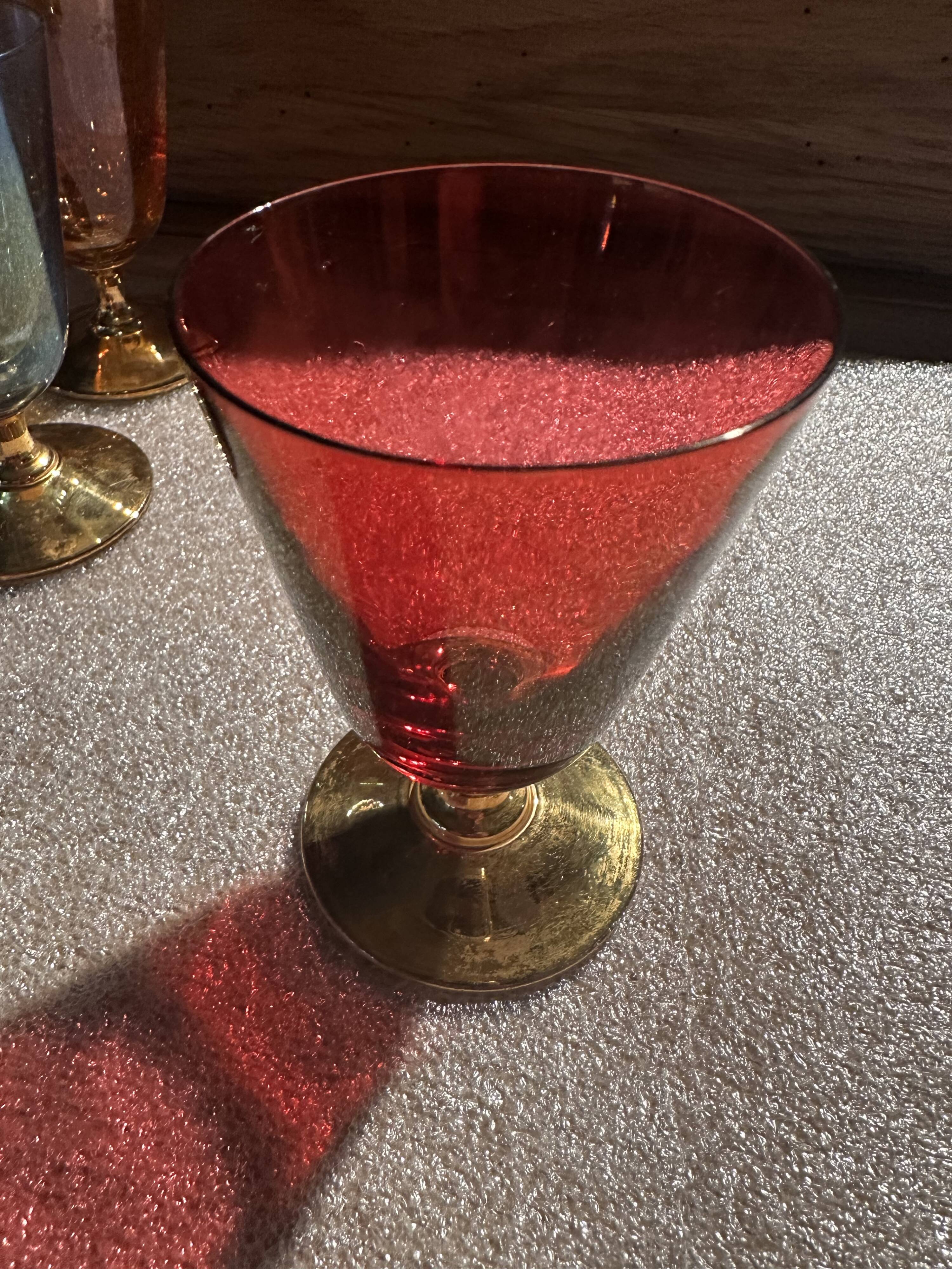 6 iridescent colored crystal liqueur glasses with gold stems / art-deco