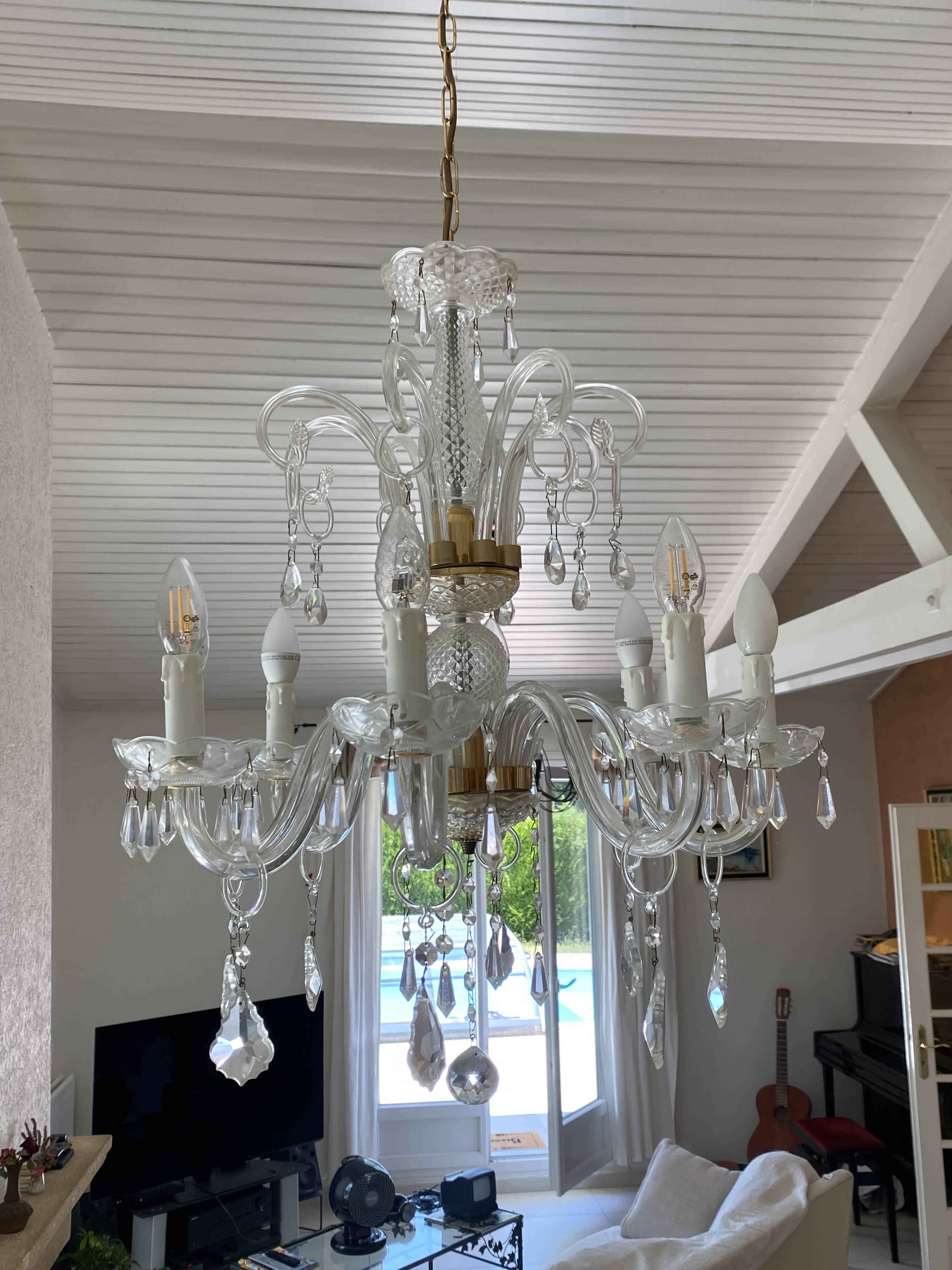 Lustre Murano verre soufflé 8 bras pendeloques cristal