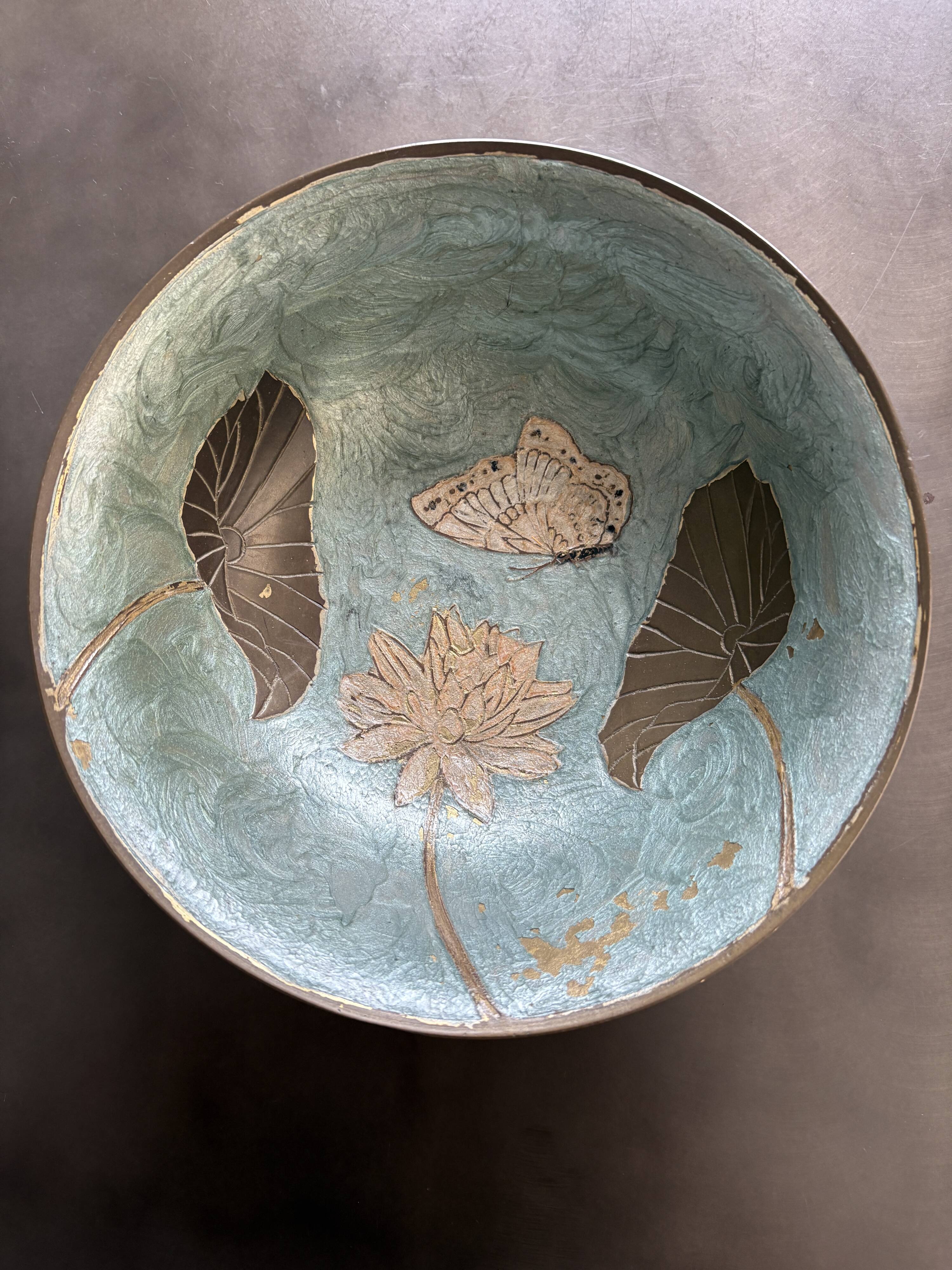 Large enamelled brass bowl