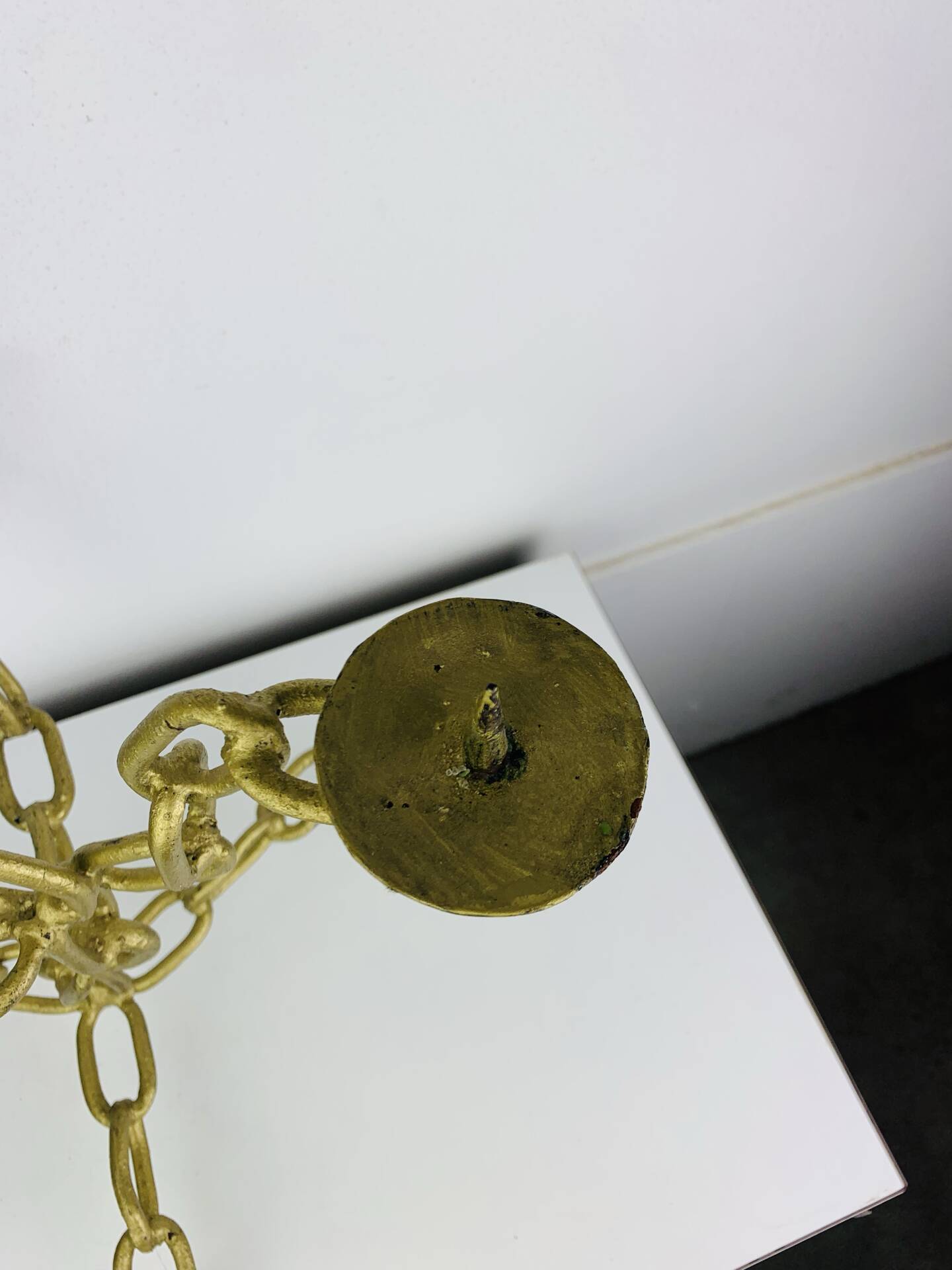 Brutalist candle holder, wrought iron, chain links, gold patina.