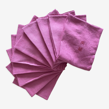 Ensemble de 10 serviettes de table roses monogrammées MB - 78x65 cm - coton