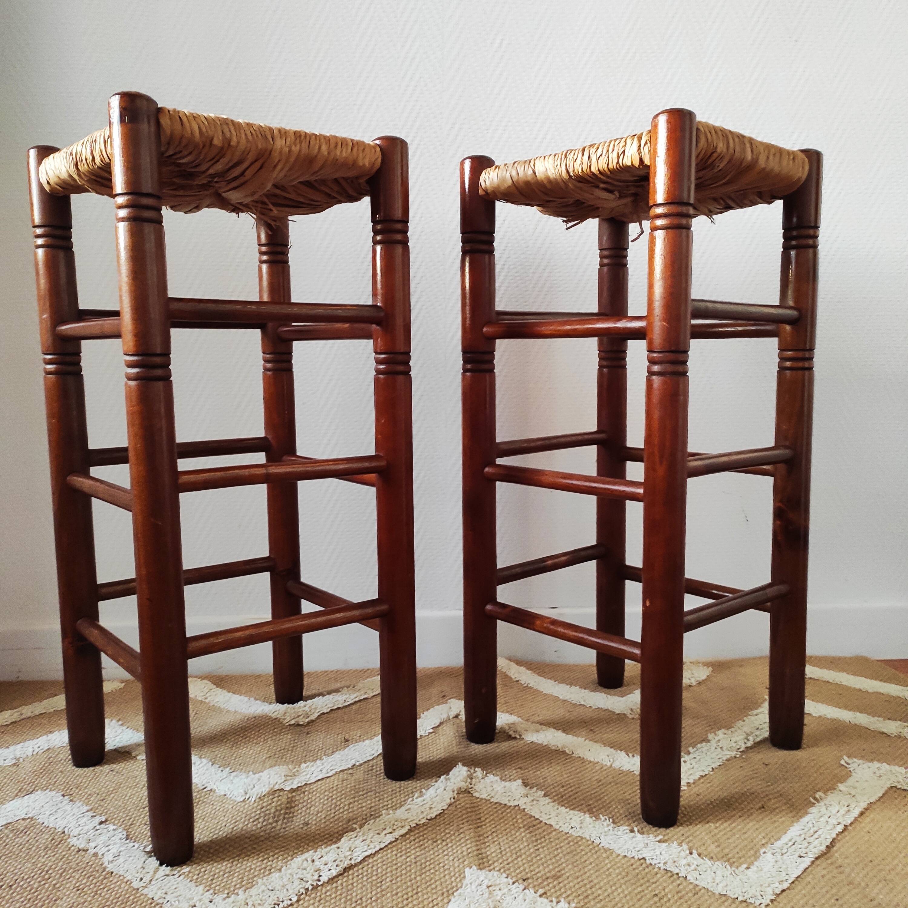 Pair of vintage brutalist stools made of wood and straw, France 1965.