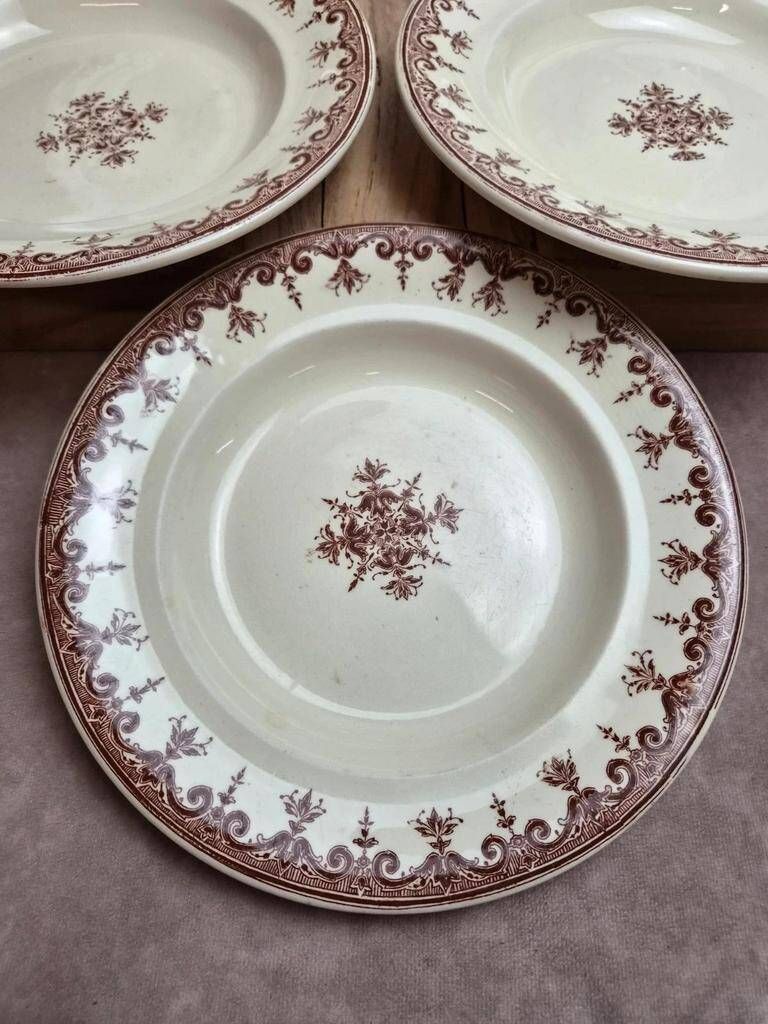 Set of 5 deep plates Terre de Fer Clairefontaine Rouen sepia 19th century