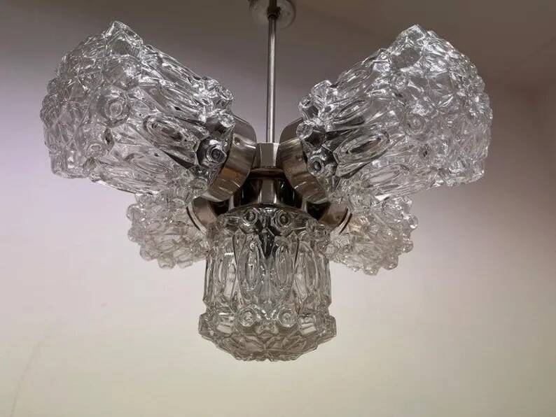 Design Glass and Chrome Pendant by Kamenický Šenov, Czechoslovakia, 1970s