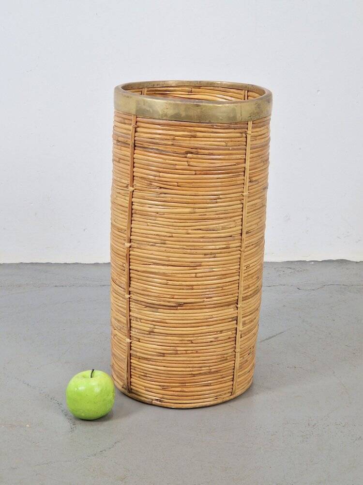 Vintage Bamboo and Brass Umbrella Stand, Italy, 1970s