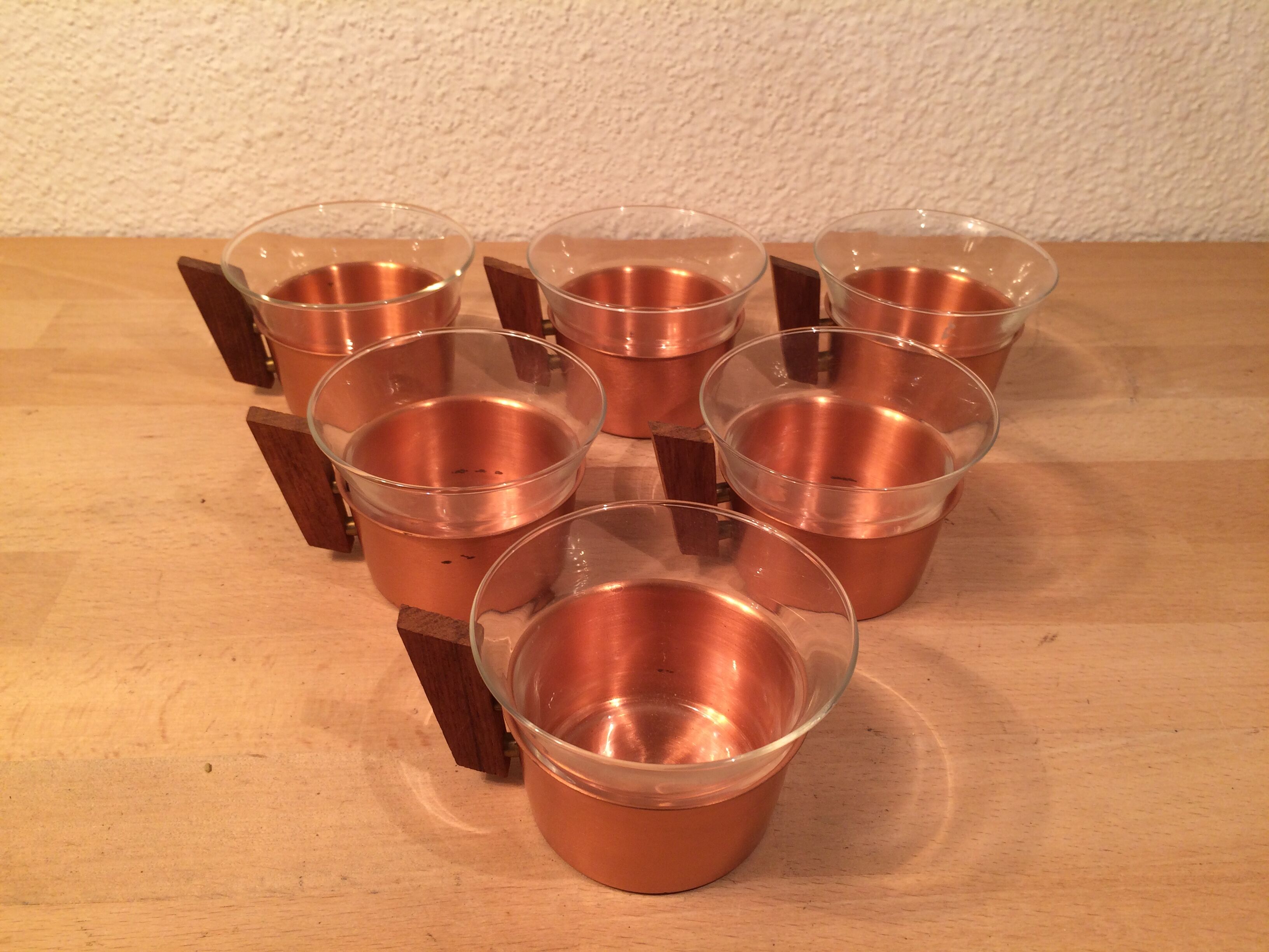 6 Scandinavian cups copper and teak Schott & Gen glass 70's