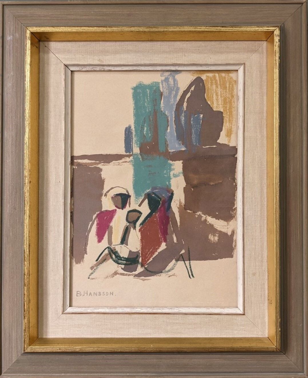 Mid-Century Modern Swedish "Seated Figures" Vintage Figurative Painting, Framed
