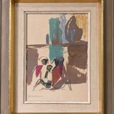 Mid-Century Modern Swedish "Seated Figures" Vintage Figurative Painting, Framed
