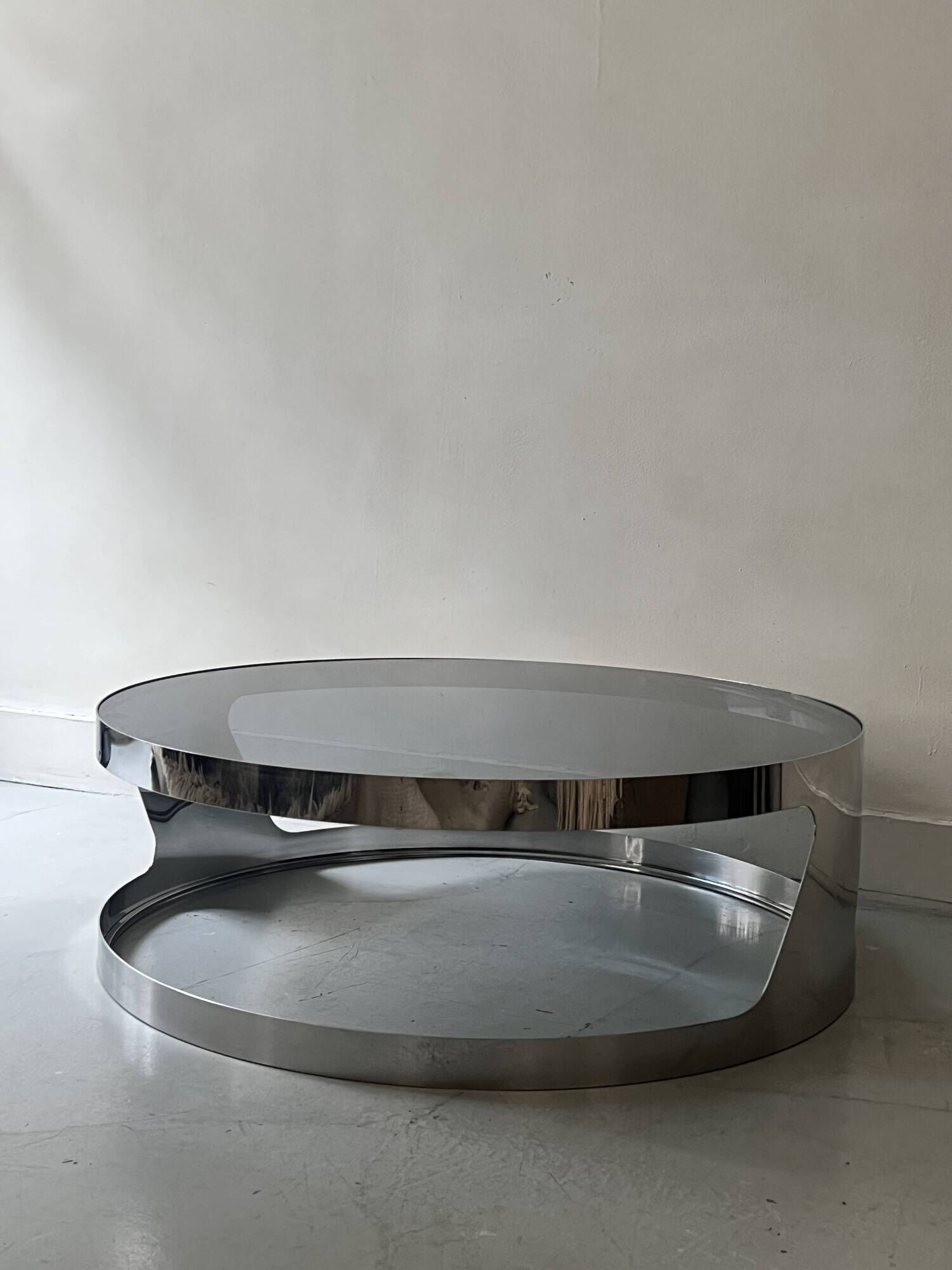 Italian round coffee table in chromed metal & smoked glass, 1970s design